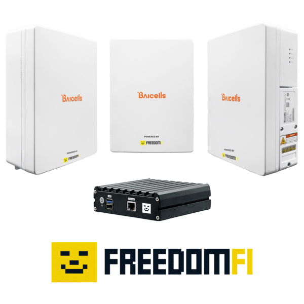 Image of a FreedomFi Helium 5G Miner and 3x Baicells Nova 430H with the freedomFi logo at the bottom