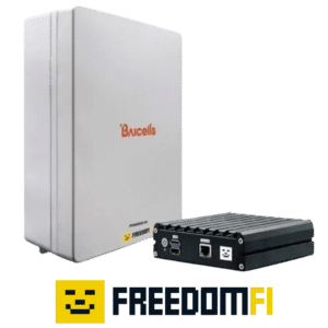 Image of a FreedomFi Helium 5G Miner and 1x Baicells Nova 430H with the freedomFi logo at the bottom